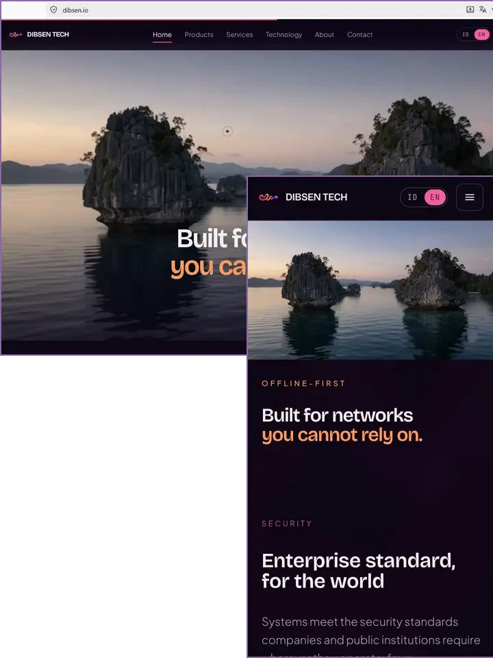 Situs dibsen.io tampil berdampingan di peramban desktop dan di layar ponsel, dengan tata letak yang menyesuaikan ukuran layar.