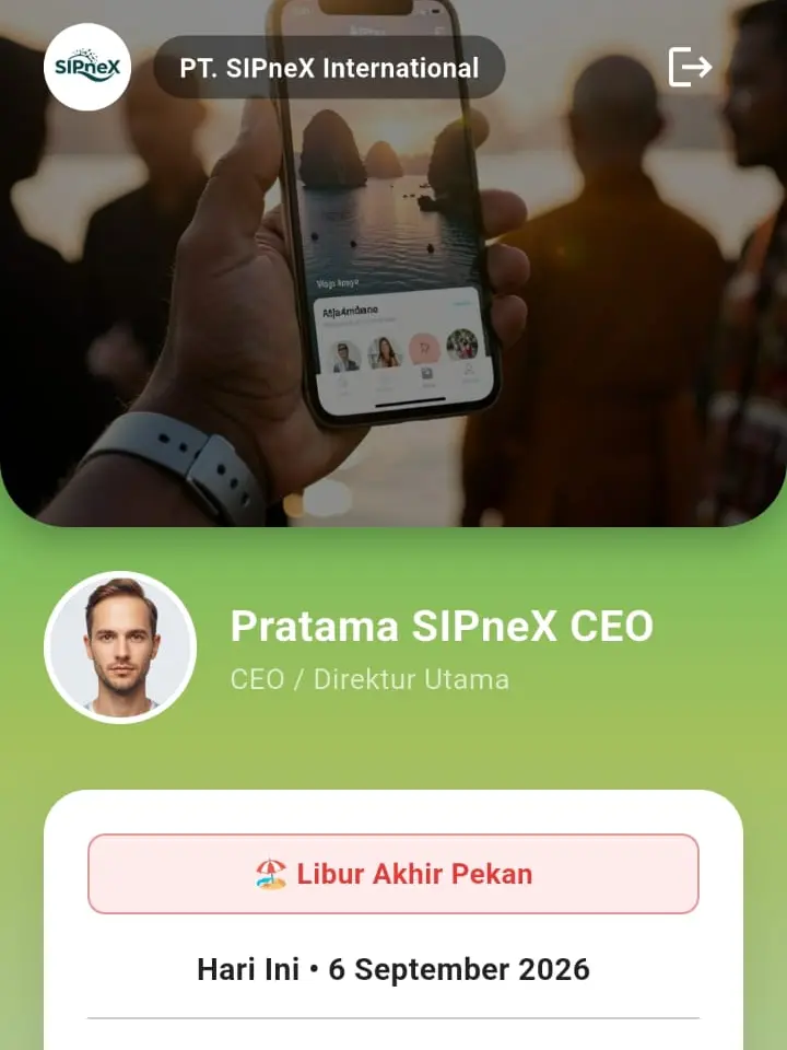 Beranda pengguna SIPneX menampilkan nama, jabatan, dan status jadwal absen hari ini.