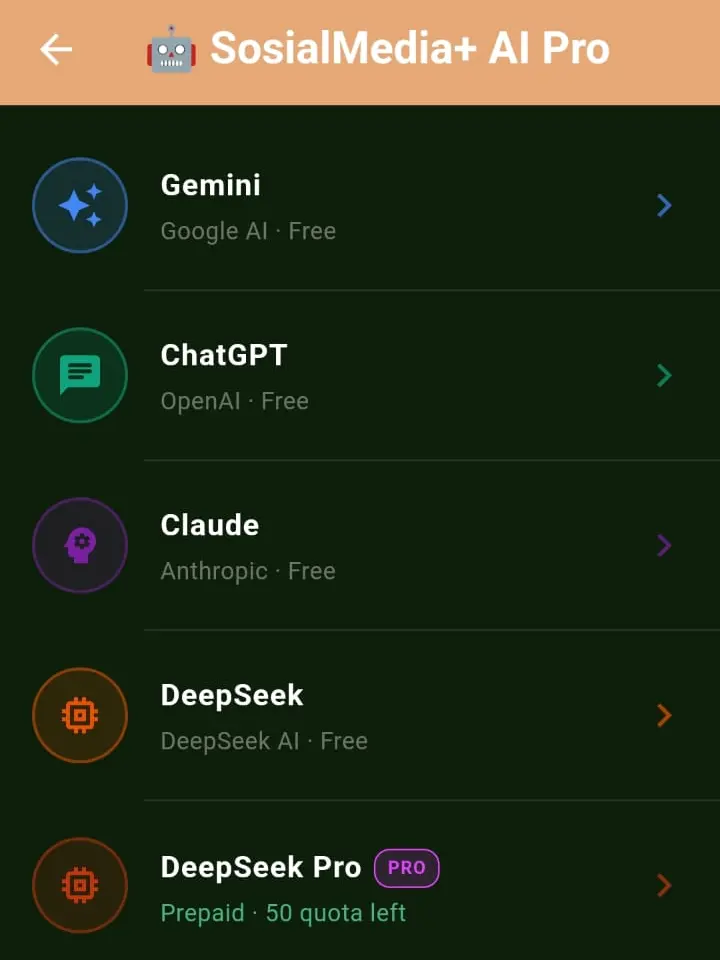 Daftar pilihan model di SosMedPlus AI Pro: Gemini, ChatGPT, Claude, dan DeepSeek, masing-masing dengan status kuota.