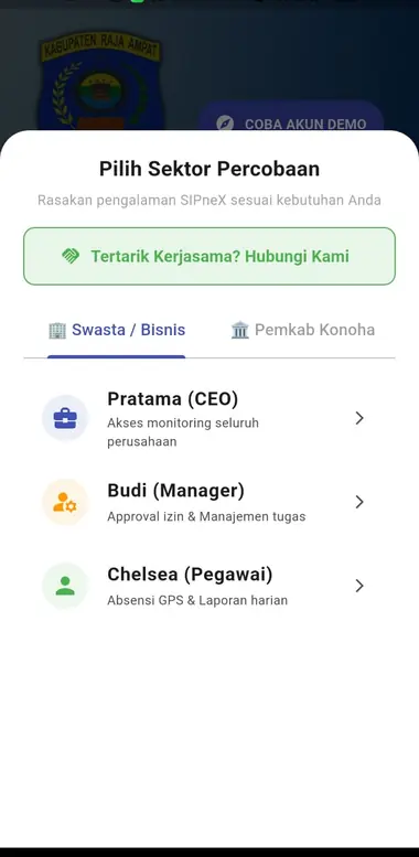 Pilih peran demo — SIPneX
